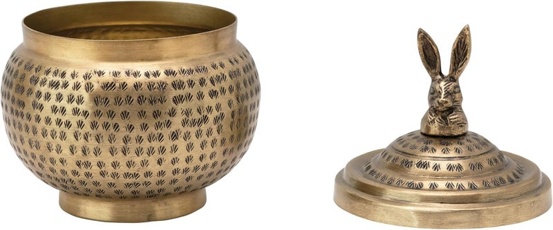 Creative Co-op Round Hammered Metal Container with Rabbit Finial, Brass Finish - Image 4